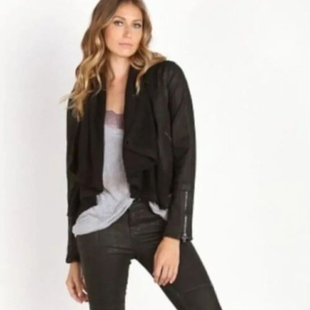 NWOT Free People Front Draped Coated Denim Moto Jacket Black size 2